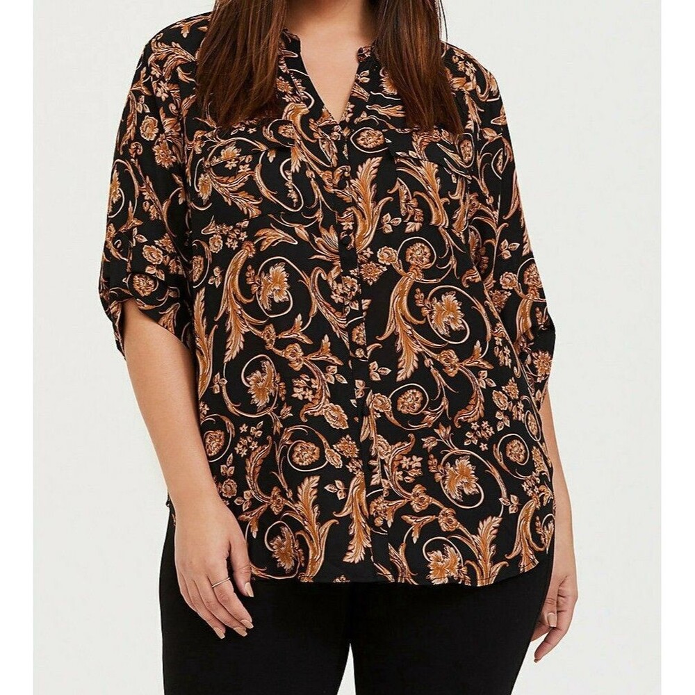 Torrid Womens Size 00 Georgette Black Yellow Gold Button Up Blouse 3/4 Sleeve